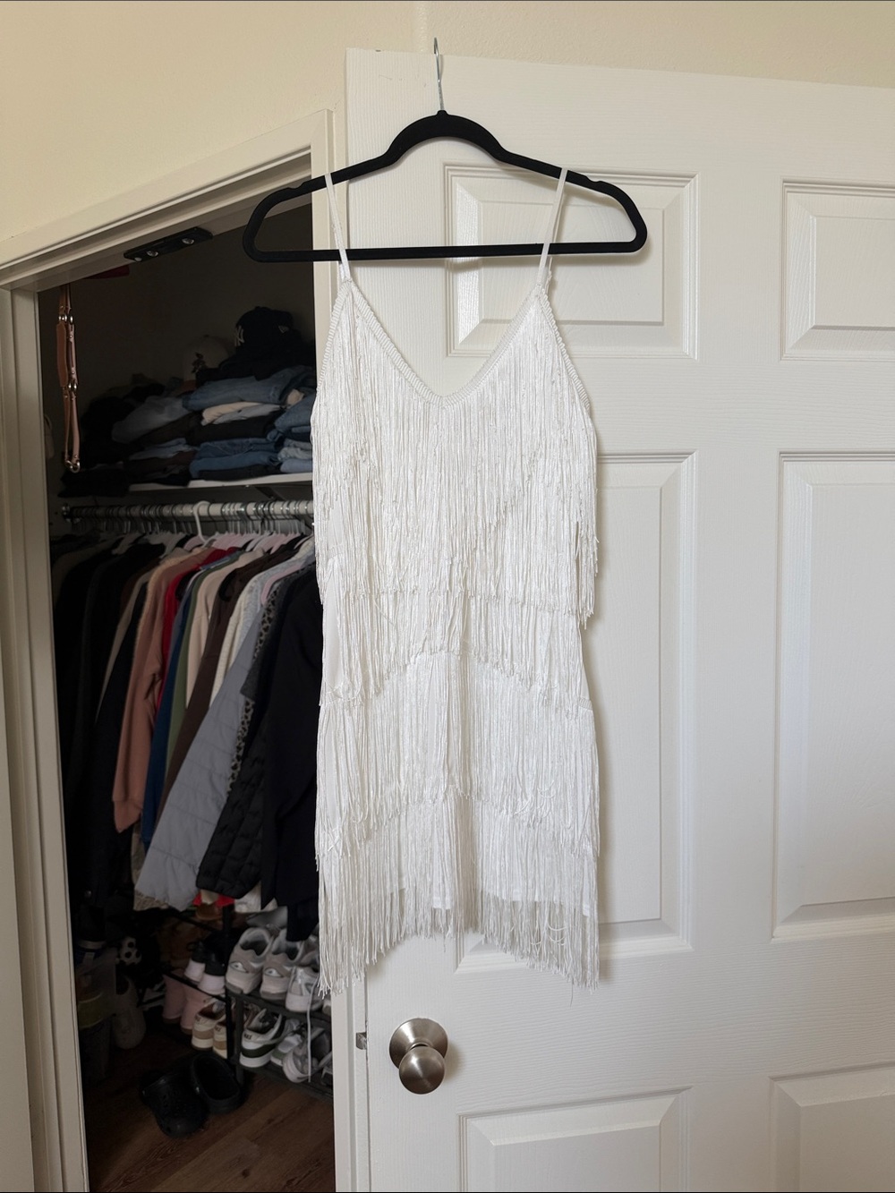 12th tribe White Fringe V-Neck Spaghetti Strap Dress